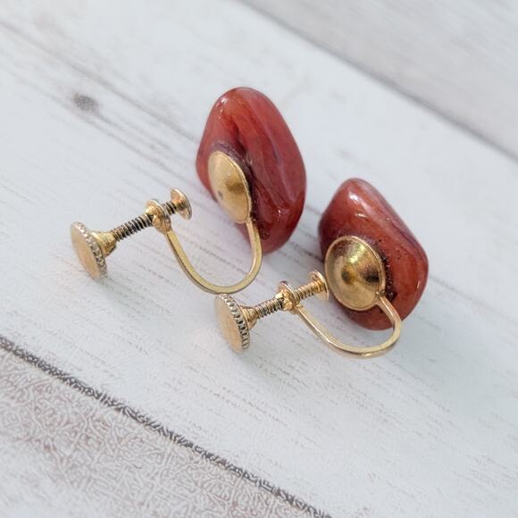 Vintage Screw Back Earrings Dark Orange Unusual 0.75" - Picture 6 of 8